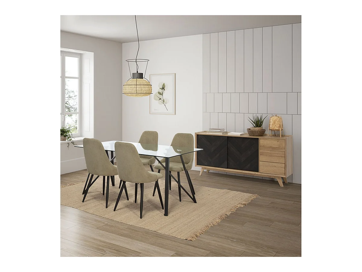 MICAT - Lot de 4 Chaises Tissu Vert 3 Lignes Surpiquées Pieds Métal Noir