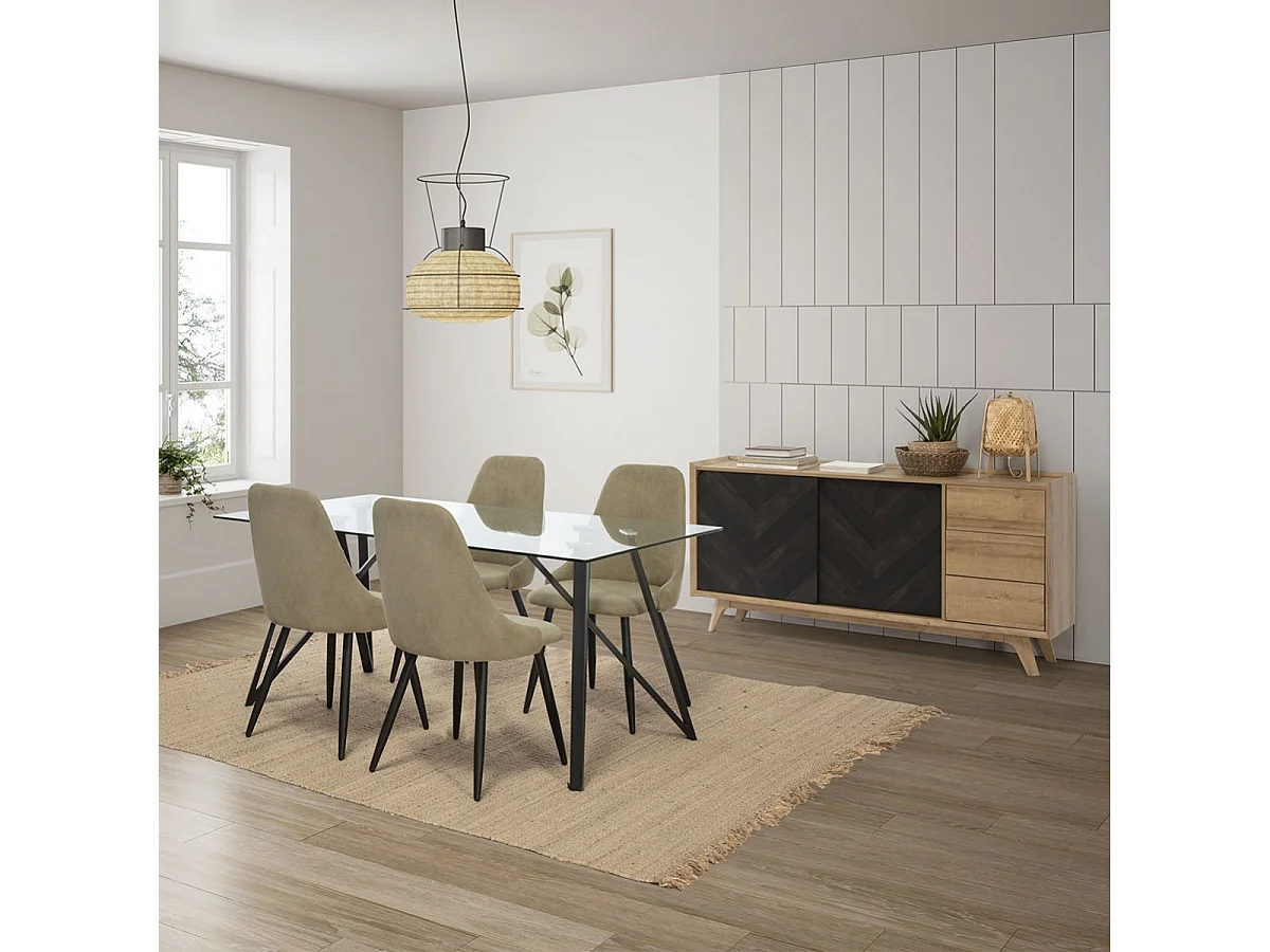 MICAT - Lot de 4 Chaises Tissu Vert 3 Lignes Surpiquées Pieds Métal Noir