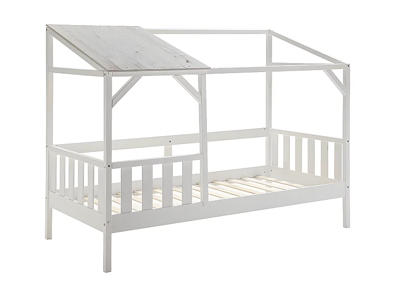 GALOE - Lit Cabane 90x200cm MDF et Pin Coloris Blanc Vieilli