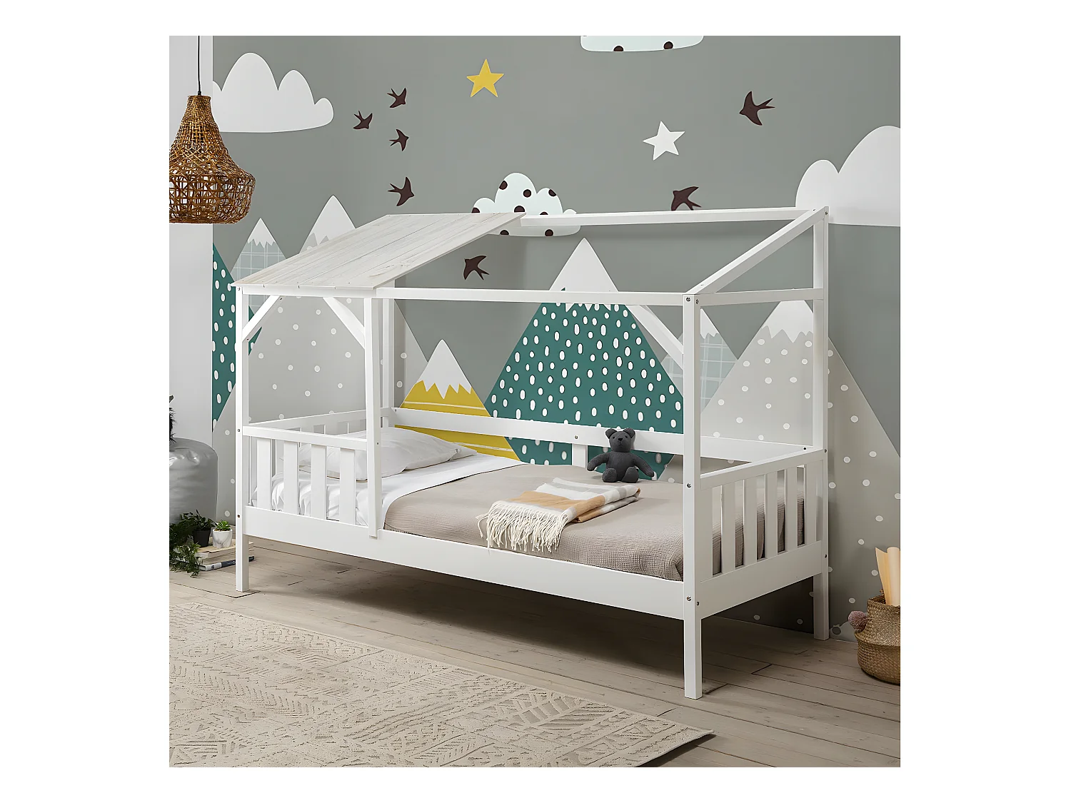 GALOE - Lit Cabane 90x200cm MDF et Pin Coloris Blanc Vieilli