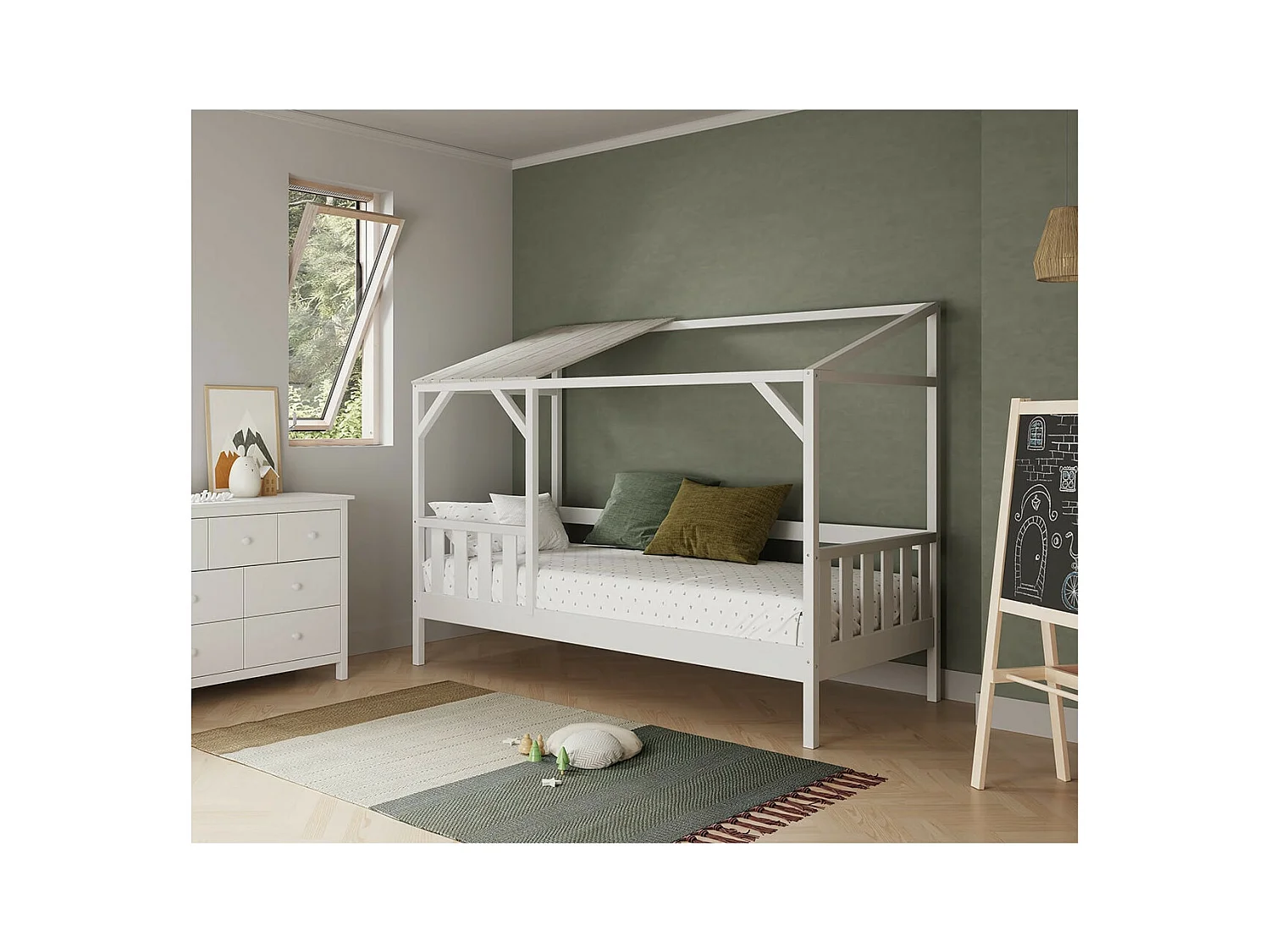 GALOE - Lit Cabane 90x200cm MDF et Pin Coloris Blanc Vieilli