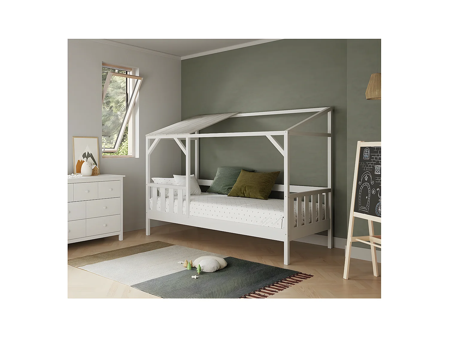 GALOE - Lit Cabane 90x200cm MDF et Pin Coloris Blanc Vieilli