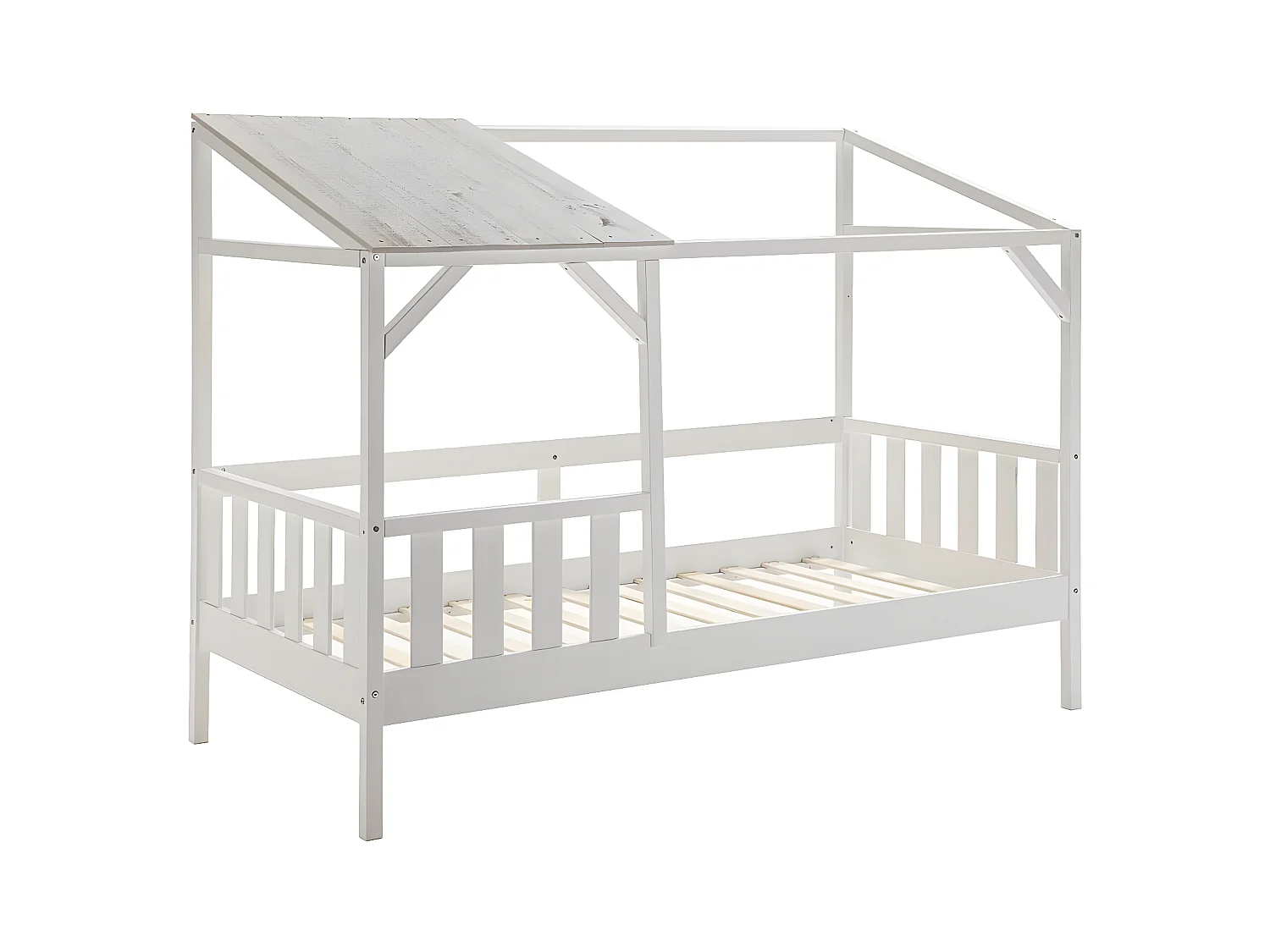 GALOE - Lit Cabane 90x200cm MDF et Pin Coloris Blanc Vieilli