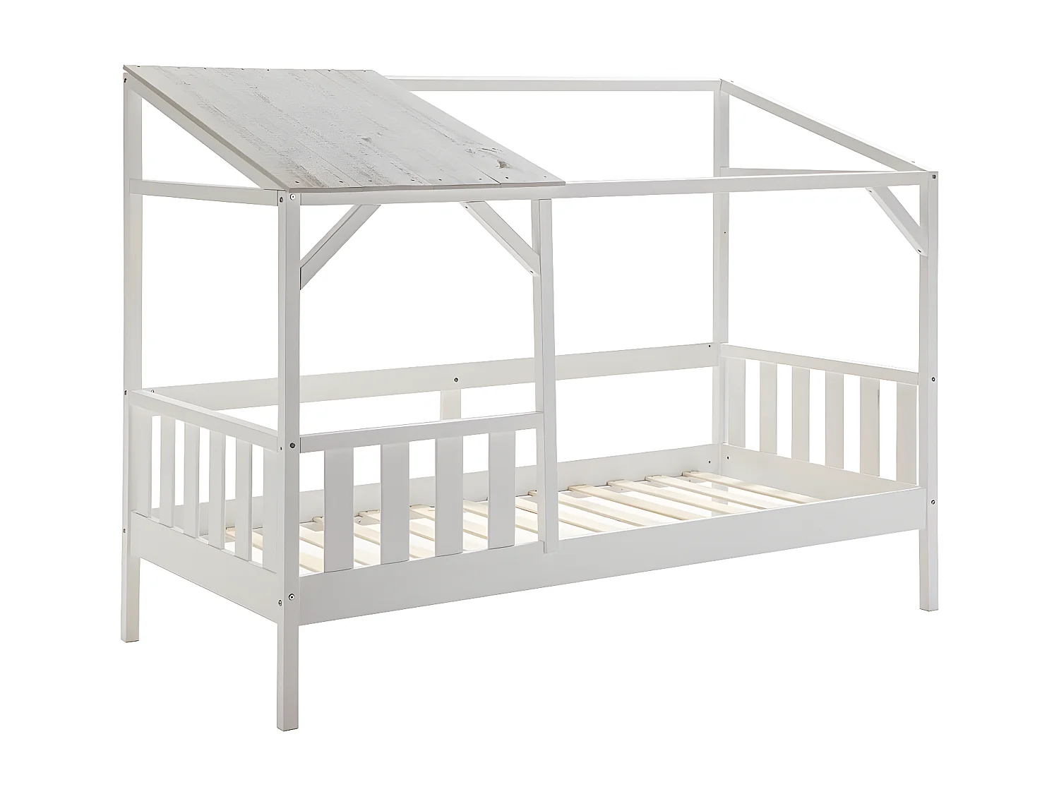GALOE - Lit Cabane 90x200cm MDF et Pin Coloris Blanc Vieilli