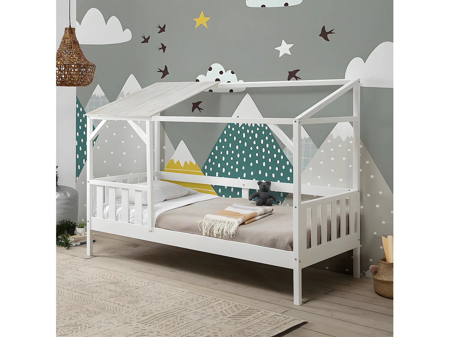 GALOE - Lit Cabane 90x200cm MDF et Pin Coloris Blanc Vieilli