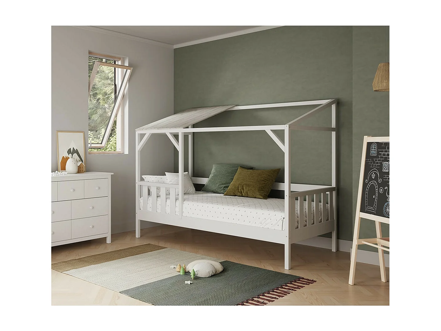 GALOE - Lit Cabane 90x200cm MDF et Pin Coloris Blanc Vieilli