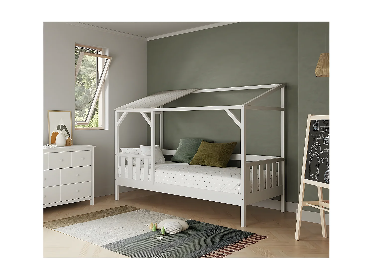 GALOE - Lit Cabane 90x200cm MDF et Pin Coloris Blanc Vieilli