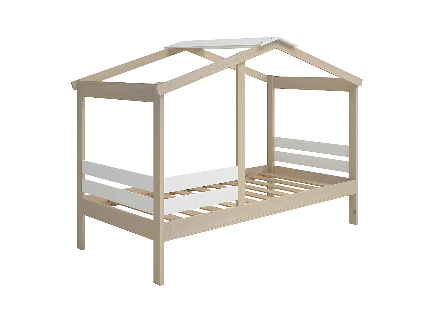 MESSA - Lit Cabane 90x190cm MDF et Pin Coloris Blanc et Naturel