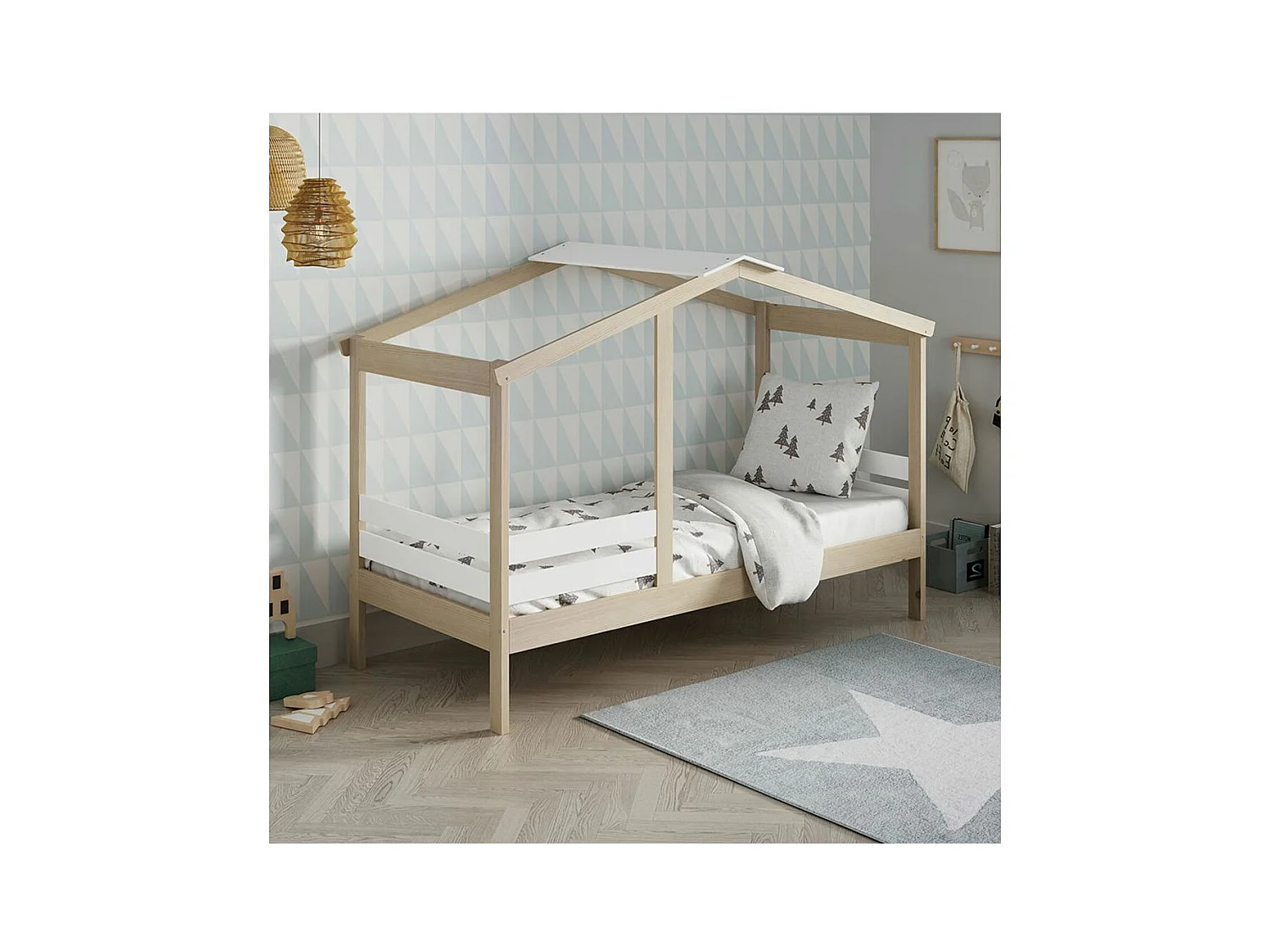 MESSA - Lit Cabane 90x190cm MDF et Pin Coloris Blanc et Naturel