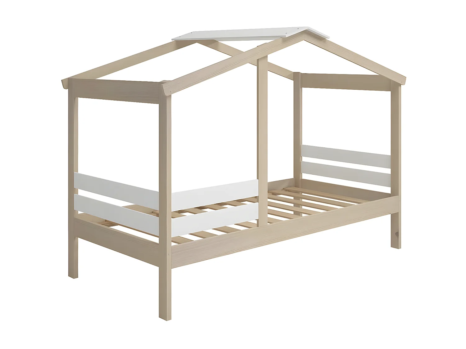 MESSA - Lit Cabane 90x190cm MDF et Pin Coloris Blanc et Naturel