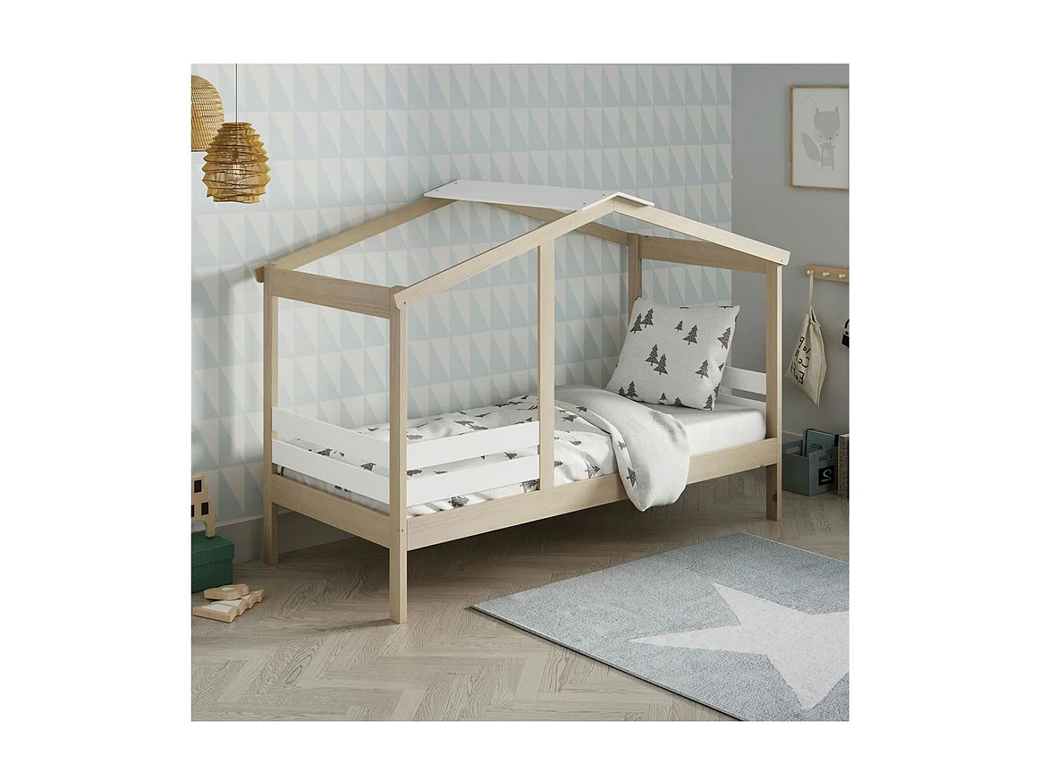 MESSA - Lit Cabane 90x190cm MDF et Pin Coloris Blanc et Naturel
