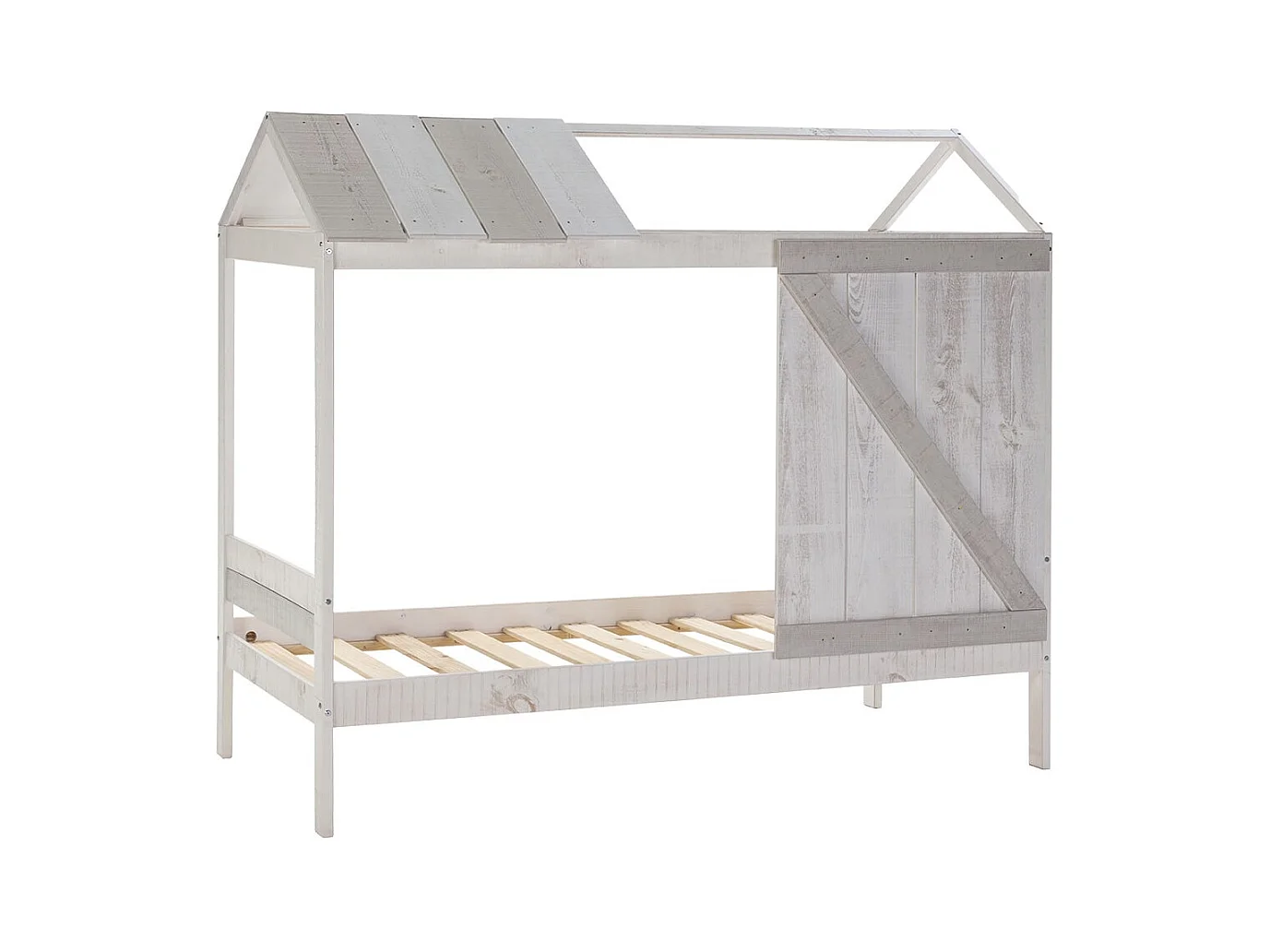 RUDDY - Lit Cabane 90x190cm Pin Massif Blanc et Gris Rustique