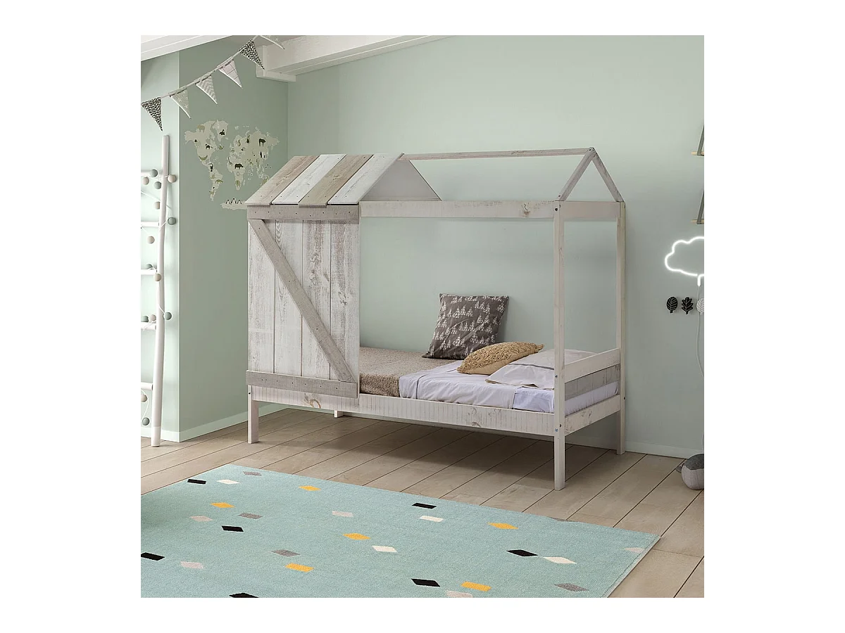 RUDDY - Lit Cabane 90x190cm Pin Massif Blanc et Gris Rustique