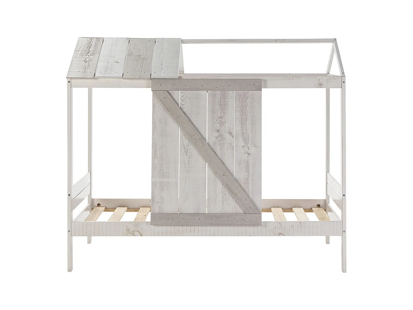 RUDDY - Lit Cabane 90x190cm Pin Massif Blanc et Gris Rustique