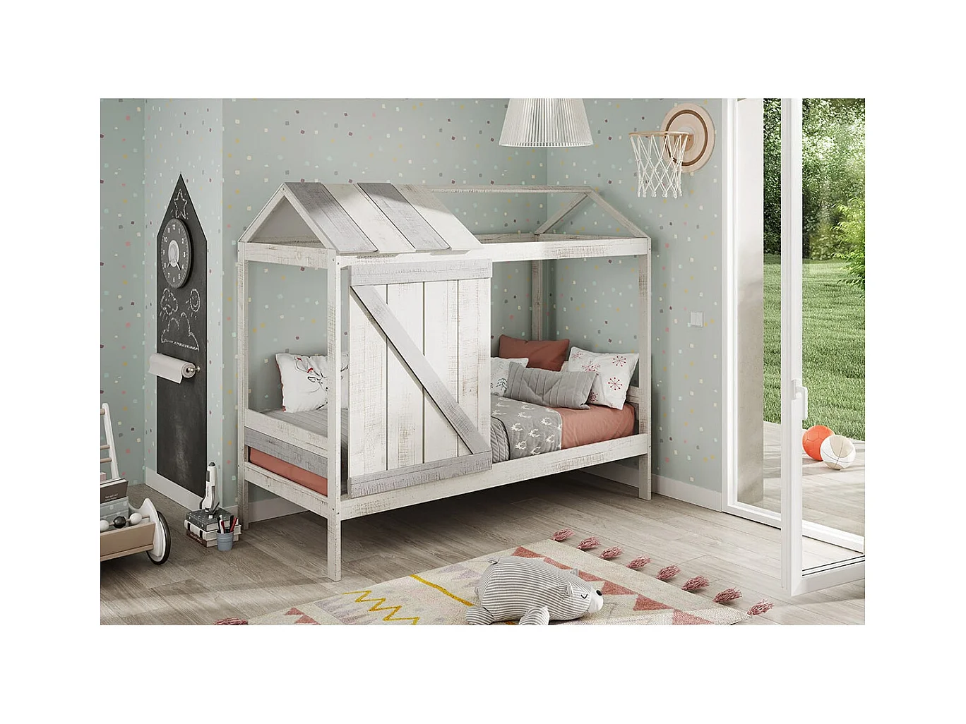 RUDDY - Lit Cabane 90x190cm Pin Massif Blanc et Gris Rustique