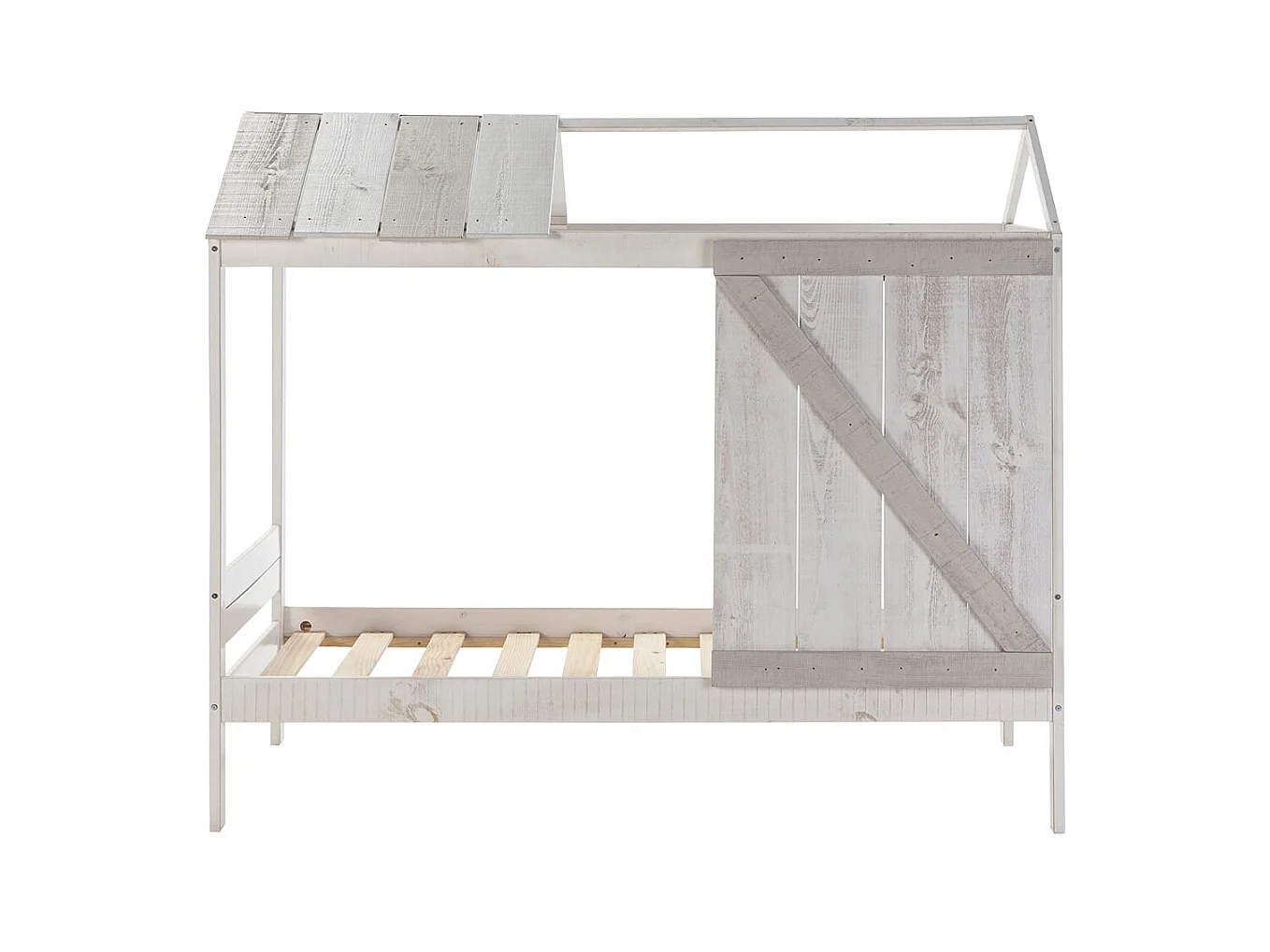 RUDDY - Lit Cabane 90x190cm Pin Massif Blanc et Gris Rustique