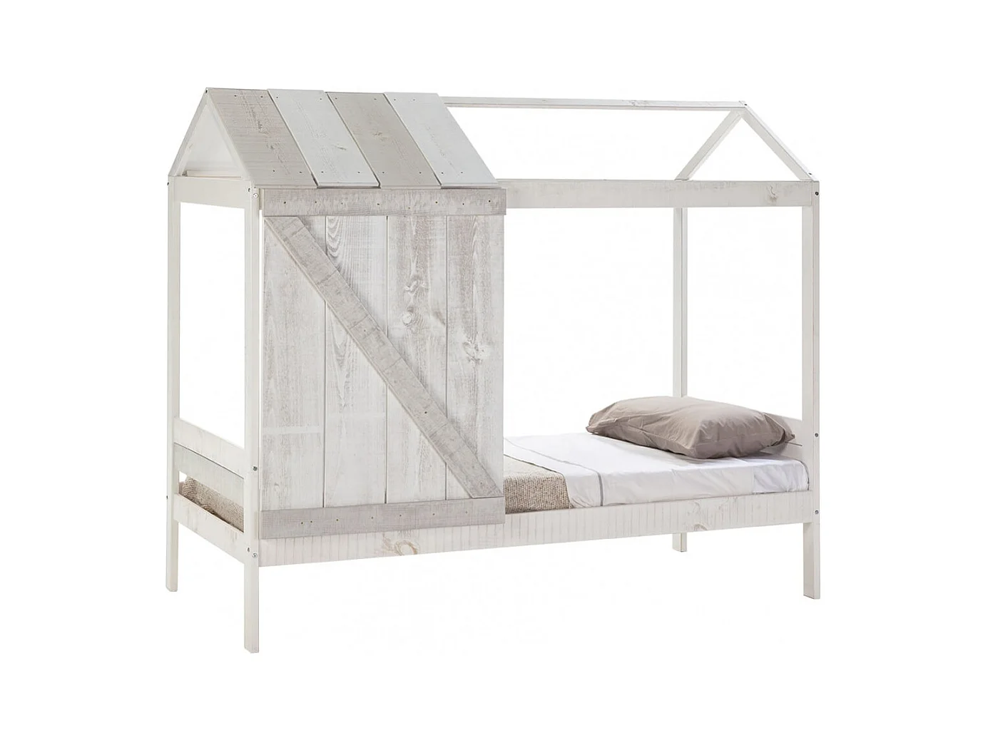 RUDDY - Lit Cabane 90x190cm Pin Massif Blanc et Gris Rustique