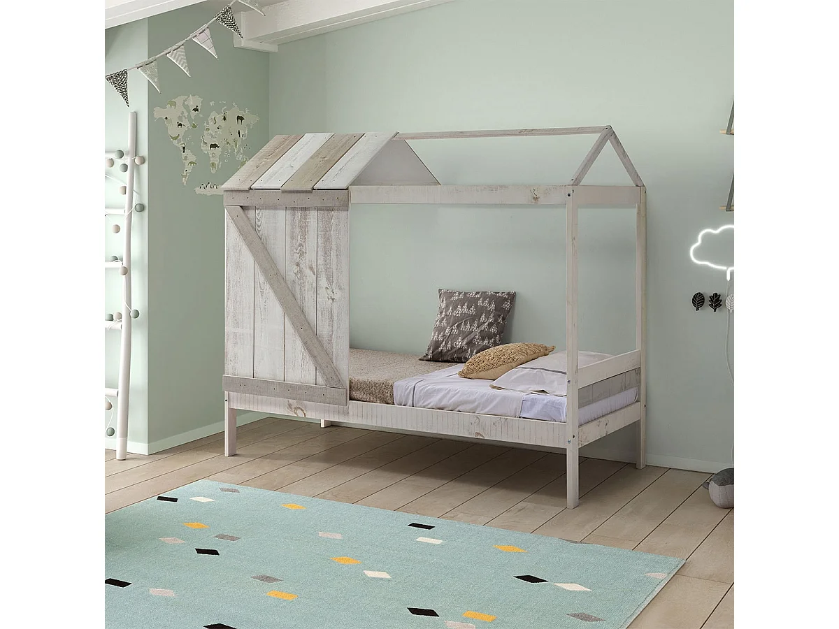 RUDDY - Lit Cabane 90x190cm Pin Massif Blanc et Gris Rustique