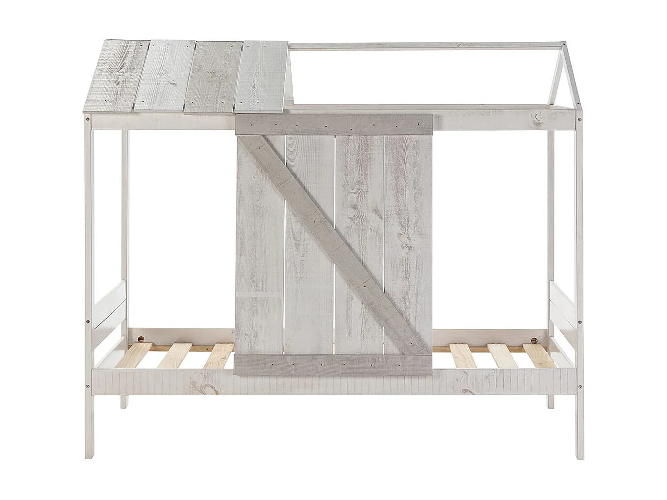 RUDDY - Lit Cabane 90x190cm Pin Massif Blanc et Gris Rustique