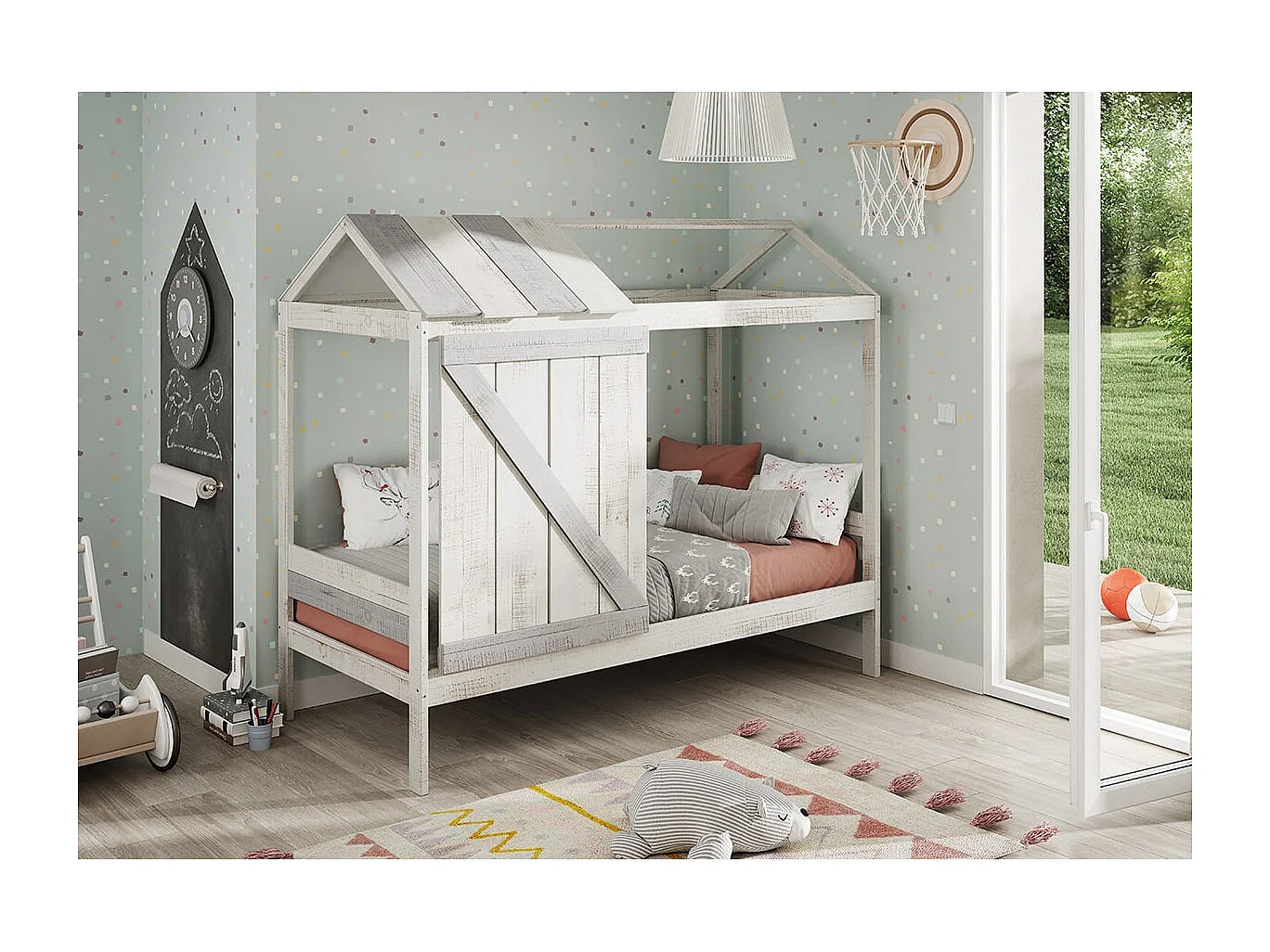 RUDDY - Lit Cabane 90x190cm Pin Massif Blanc et Gris Rustique