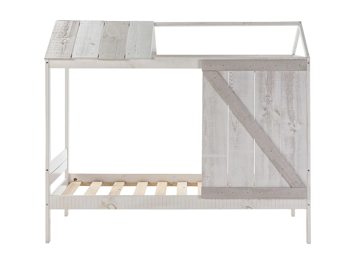 RUDDY - Lit Cabane 90x190cm Pin Massif Blanc et Gris Rustique