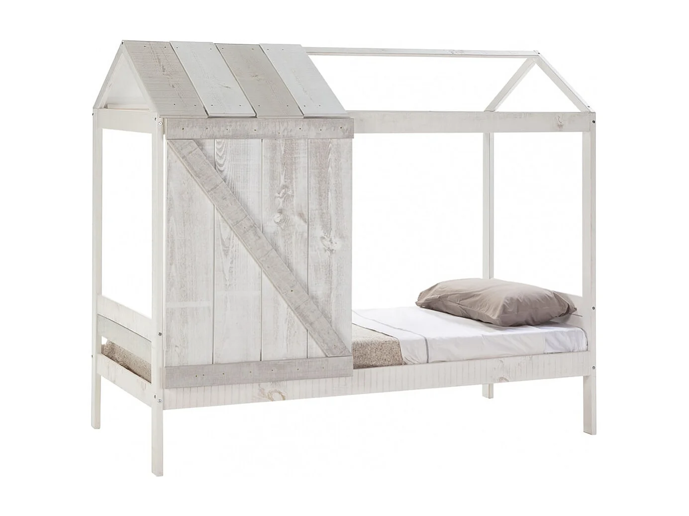 RUDDY - Lit Cabane 90x190cm Pin Massif Blanc et Gris Rustique