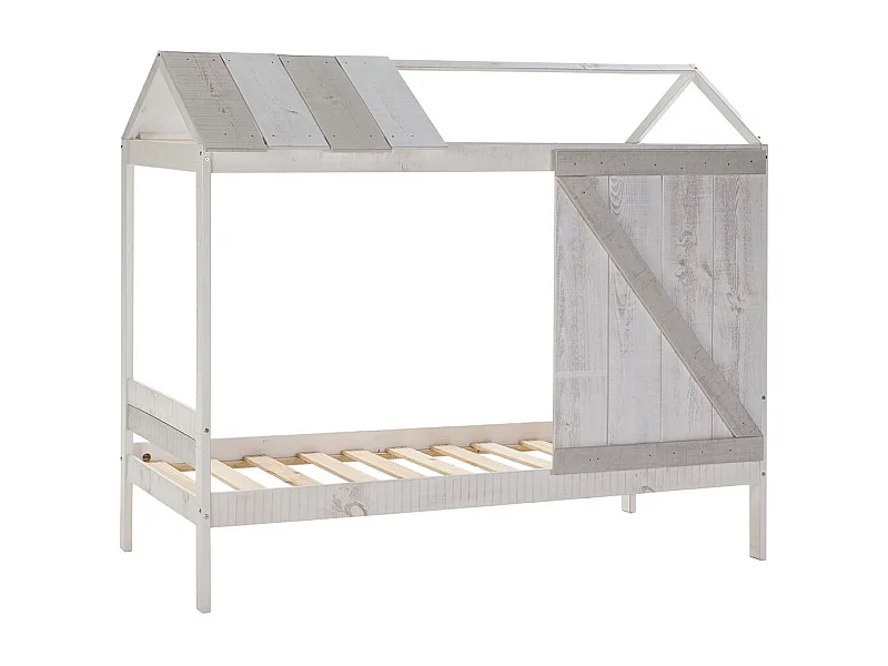 RUDDY - Lit Cabane 90x190cm Pin Massif Blanc et Gris Rustique