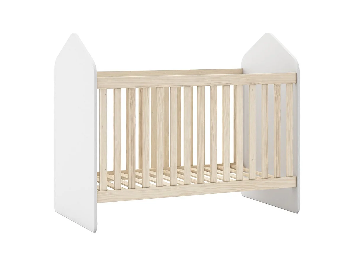 KAINA - Lit Bébé 60x120cm Forme Cabane MDF et Pin Coloris Blanc et Naturel