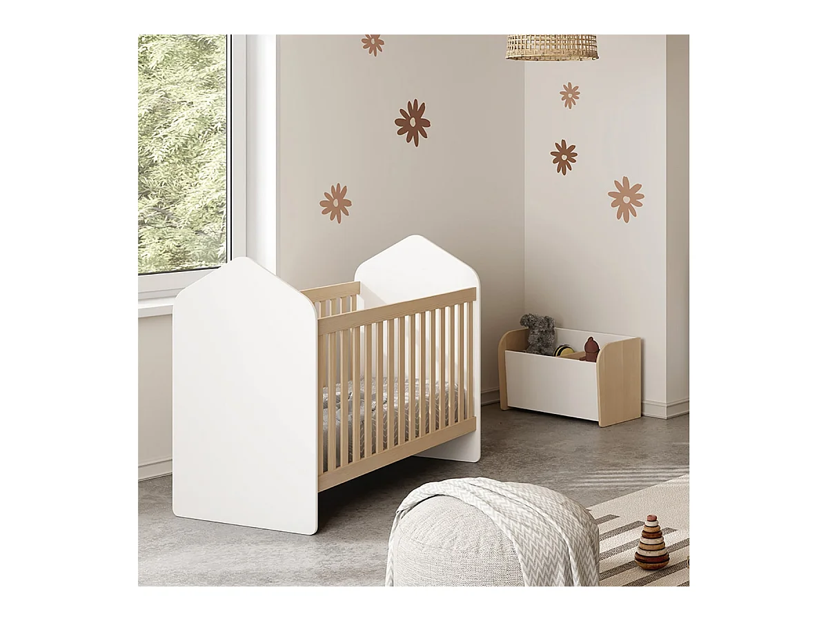 KAINA - Lit Bébé 60x120cm Forme Cabane MDF et Pin Coloris Blanc et Naturel
