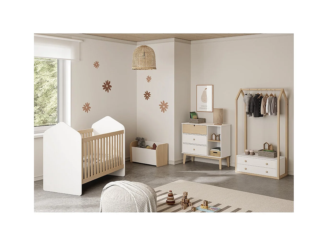 KAINA - Lit Bébé 60x120cm Forme Cabane MDF et Pin Coloris Blanc et Naturel