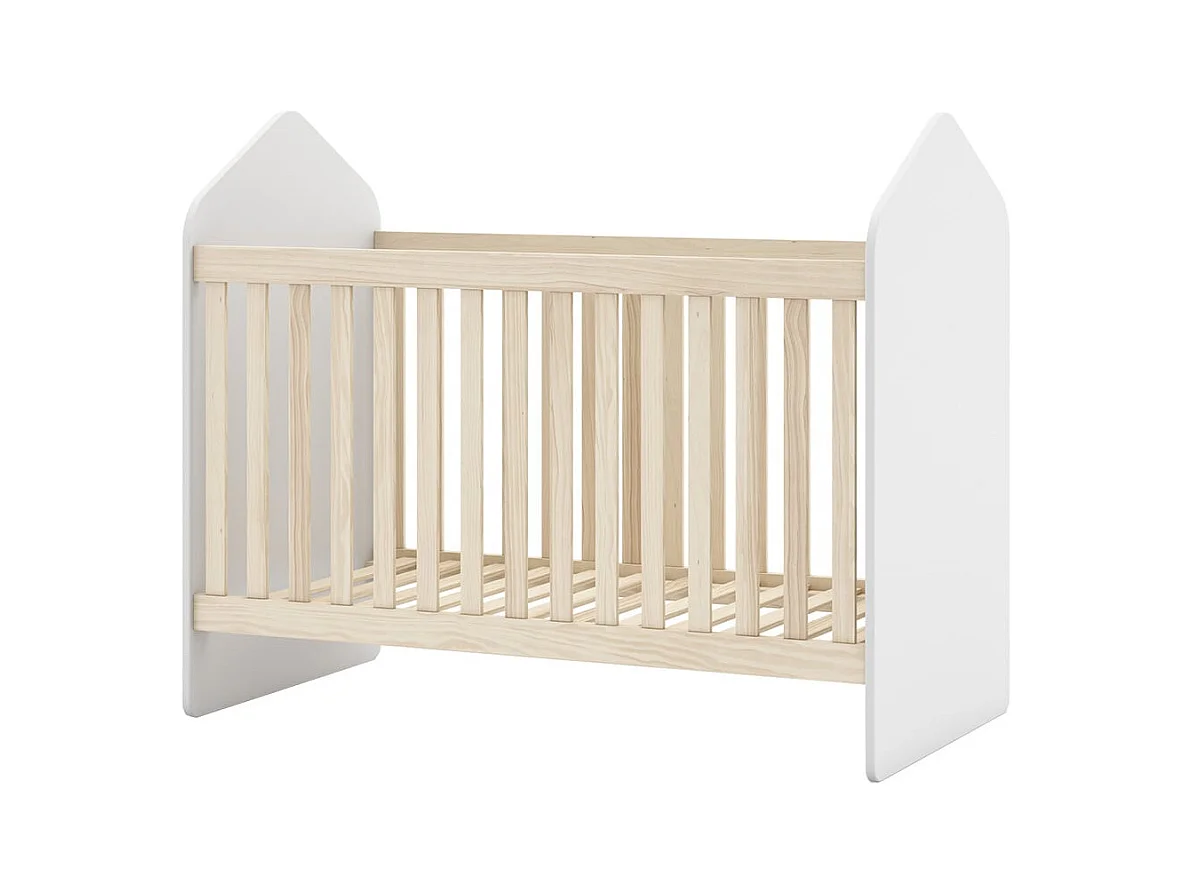 KAINA - Lit Bébé 60x120cm Forme Cabane MDF et Pin Coloris Blanc et Naturel