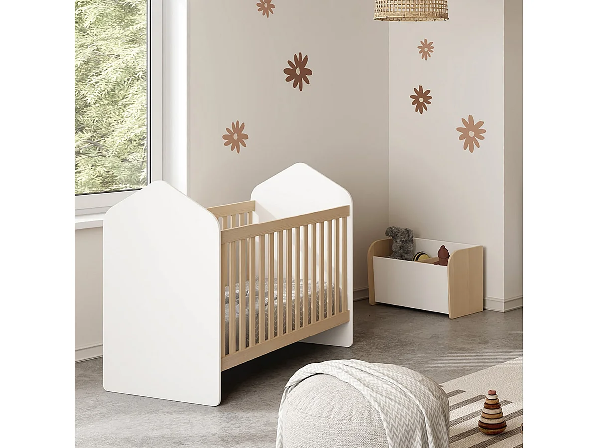 KAINA - Lit Bébé 60x120cm Forme Cabane MDF et Pin Coloris Blanc et Naturel