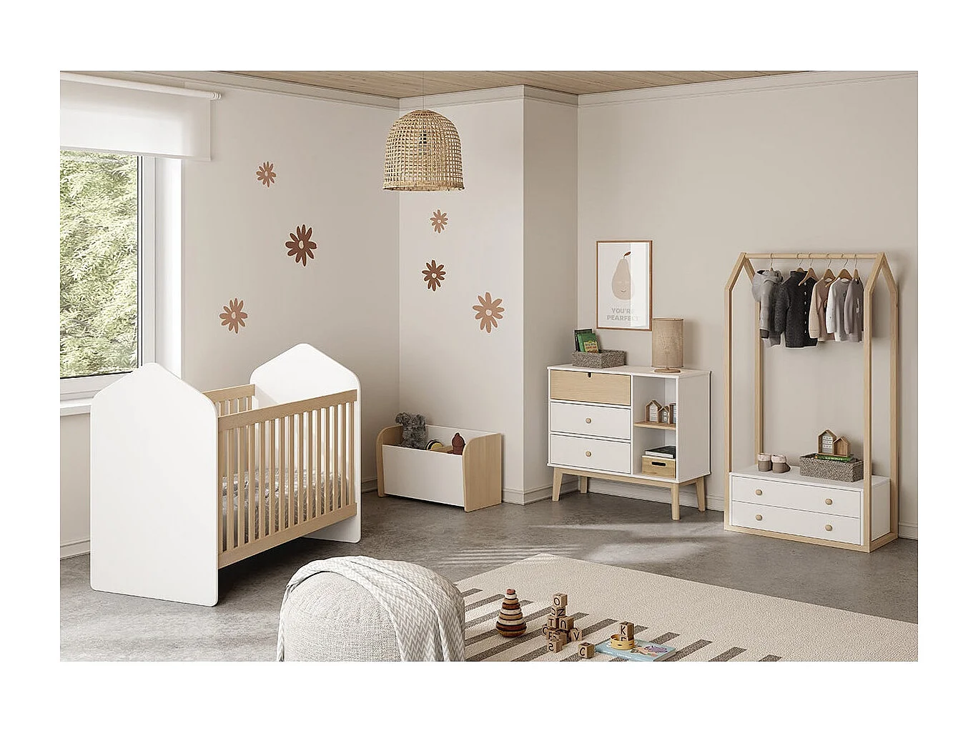 KAINA - Lit Bébé 60x120cm Forme Cabane MDF et Pin Coloris Blanc et Naturel