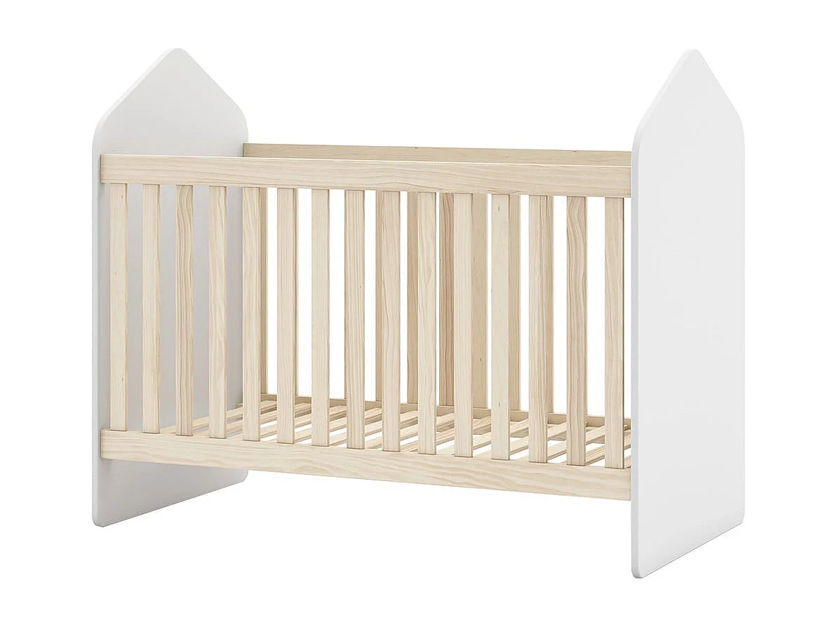 KAINA - Lit Bébé 60x120cm Forme Cabane MDF et Pin Coloris Blanc et Naturel
