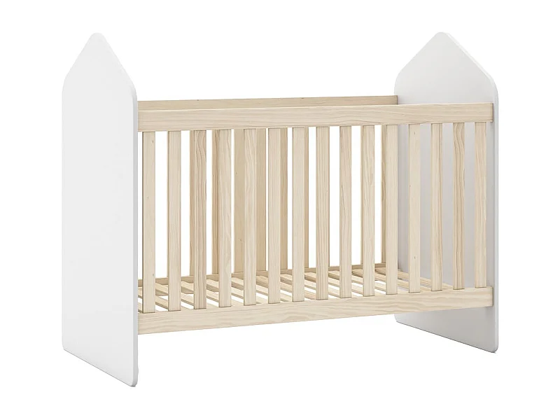 KAINA - Lit Bébé 60x120cm Forme Cabane MDF et Pin Coloris Blanc et Naturel
