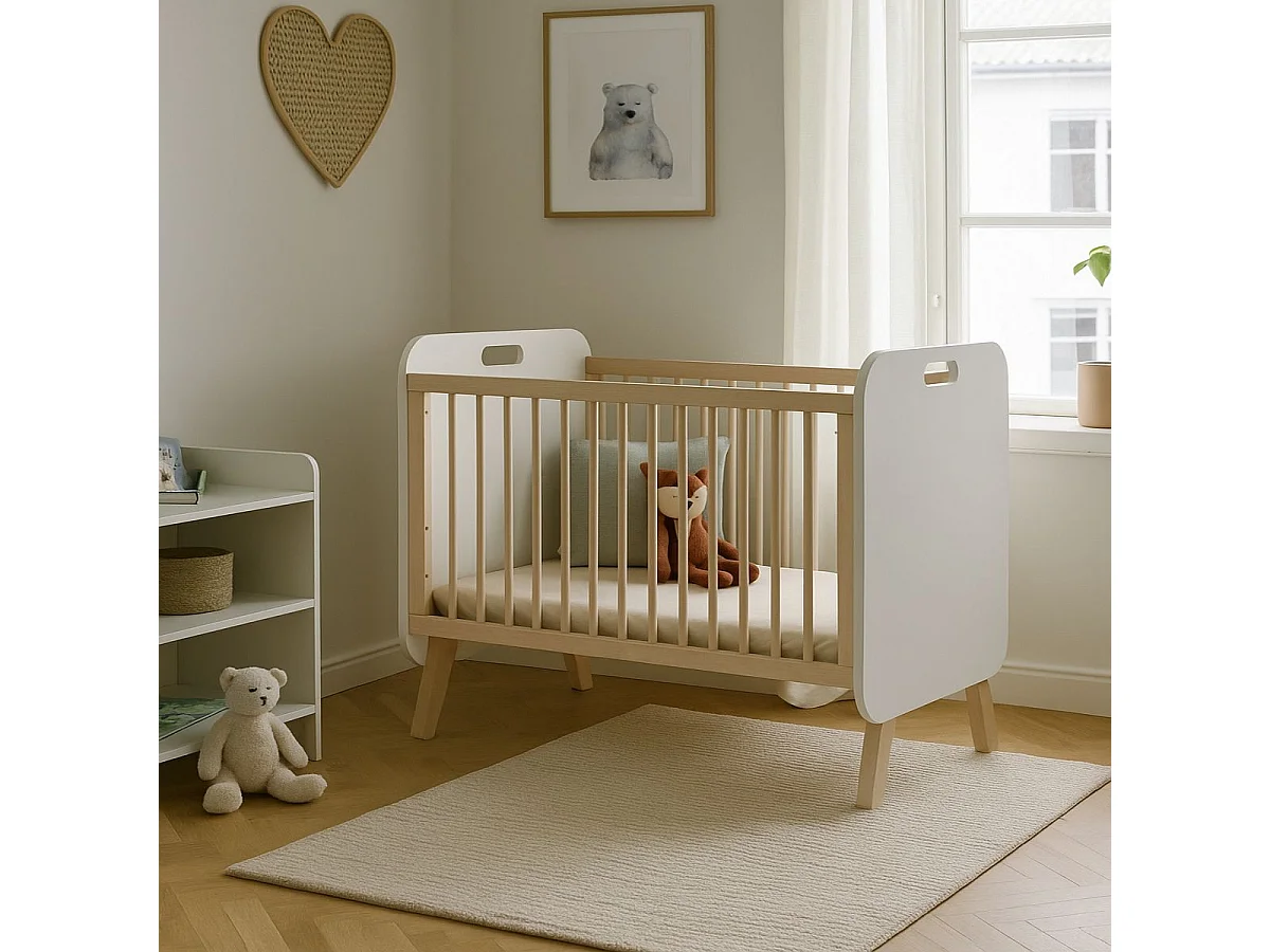 EIFFA - Lit Bébé 90x120cm en MDF et Pin Massif Coloris Blanc et Naturel