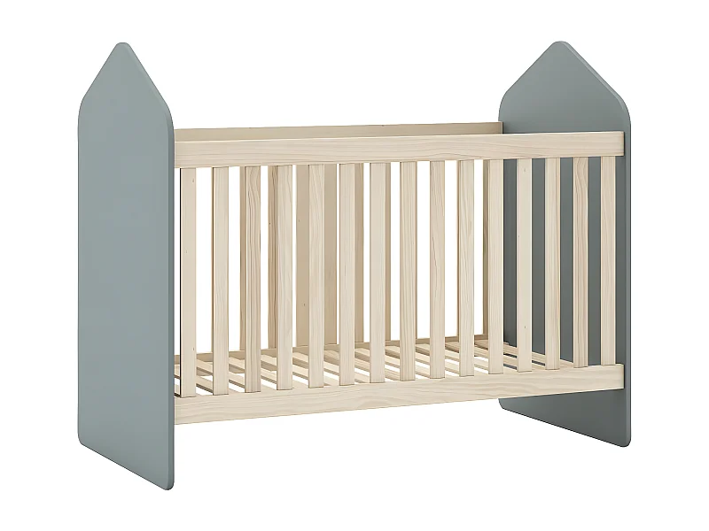 KAINA - Lit Bébé 60x120cm Forme Cabane MDF et Pin Coloris Gris Vert et Naturel