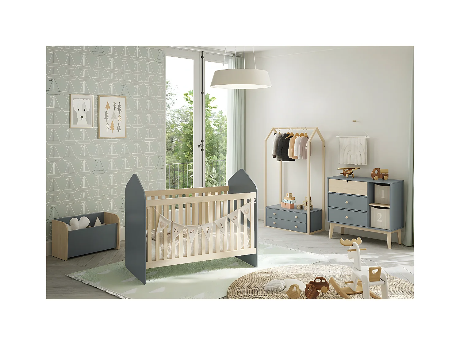 KAINA - Lit Bébé 60x120cm Forme Cabane MDF et Pin Coloris Gris Vert et Naturel