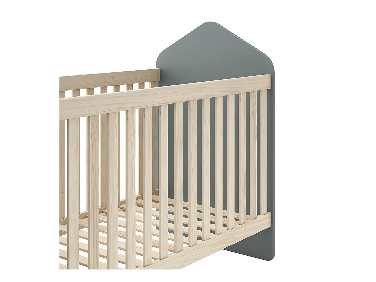 KAINA - Lit Bébé 60x120cm Forme Cabane MDF et Pin Coloris Gris Vert et Naturel