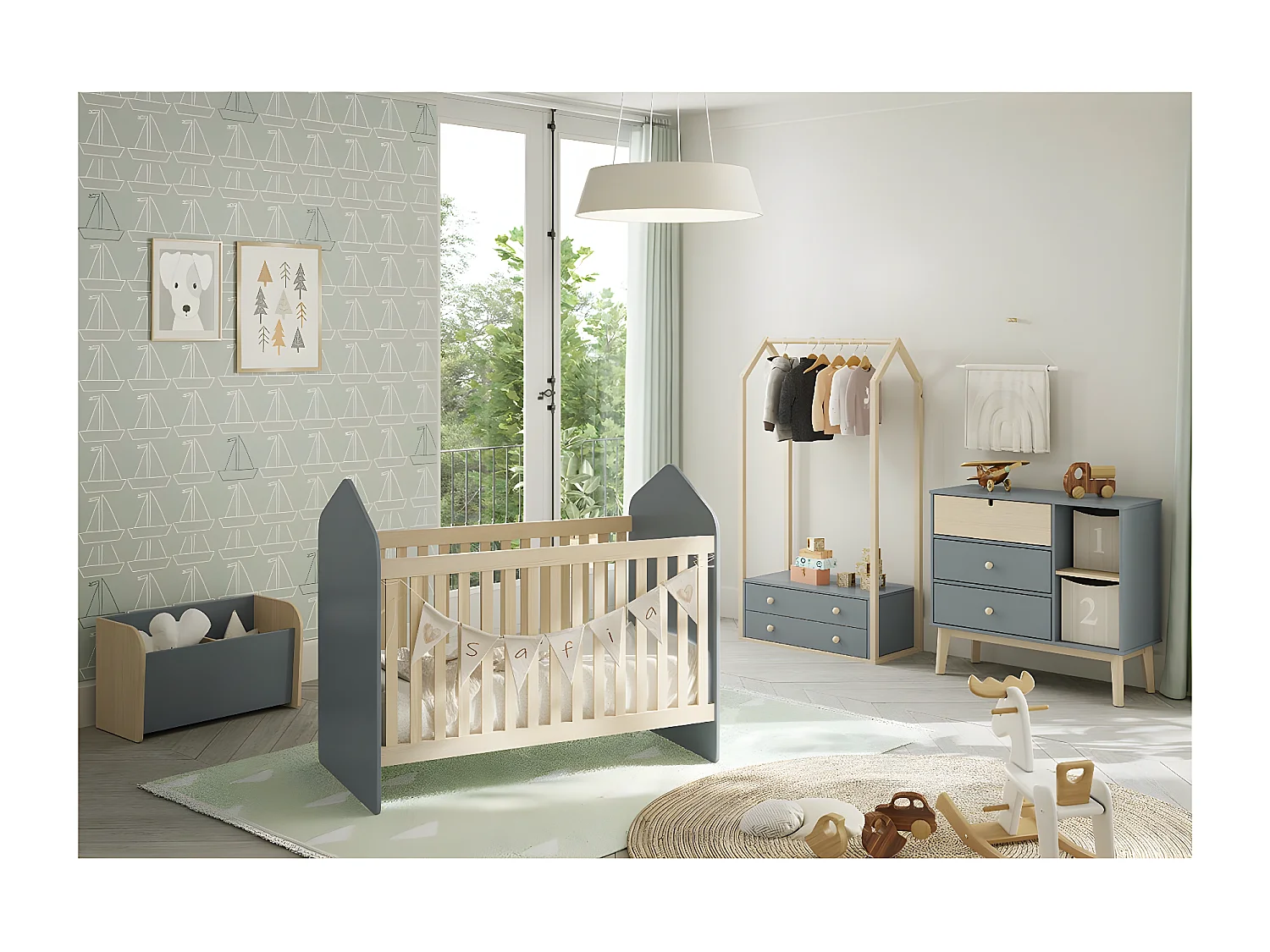 KAINA - Lit Bébé 60x120cm Forme Cabane MDF et Pin Coloris Gris Vert et Naturel