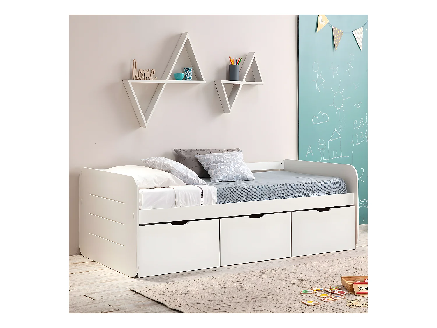 ZELLA - Lit 90x190cm + 3 Tiroirs Coloris Blanc