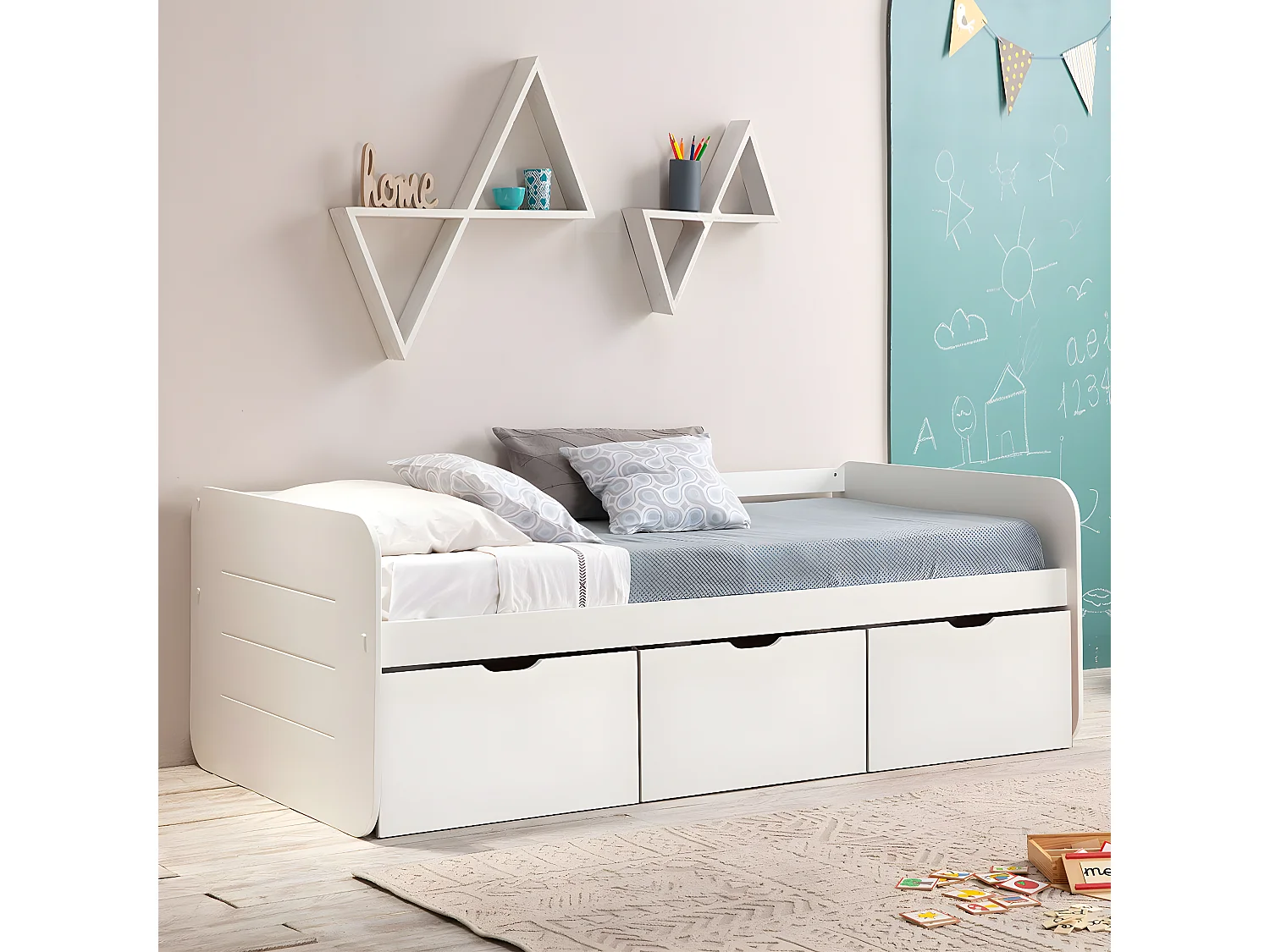 ZELLA - Lit 90x190cm + 3 Tiroirs Coloris Blanc