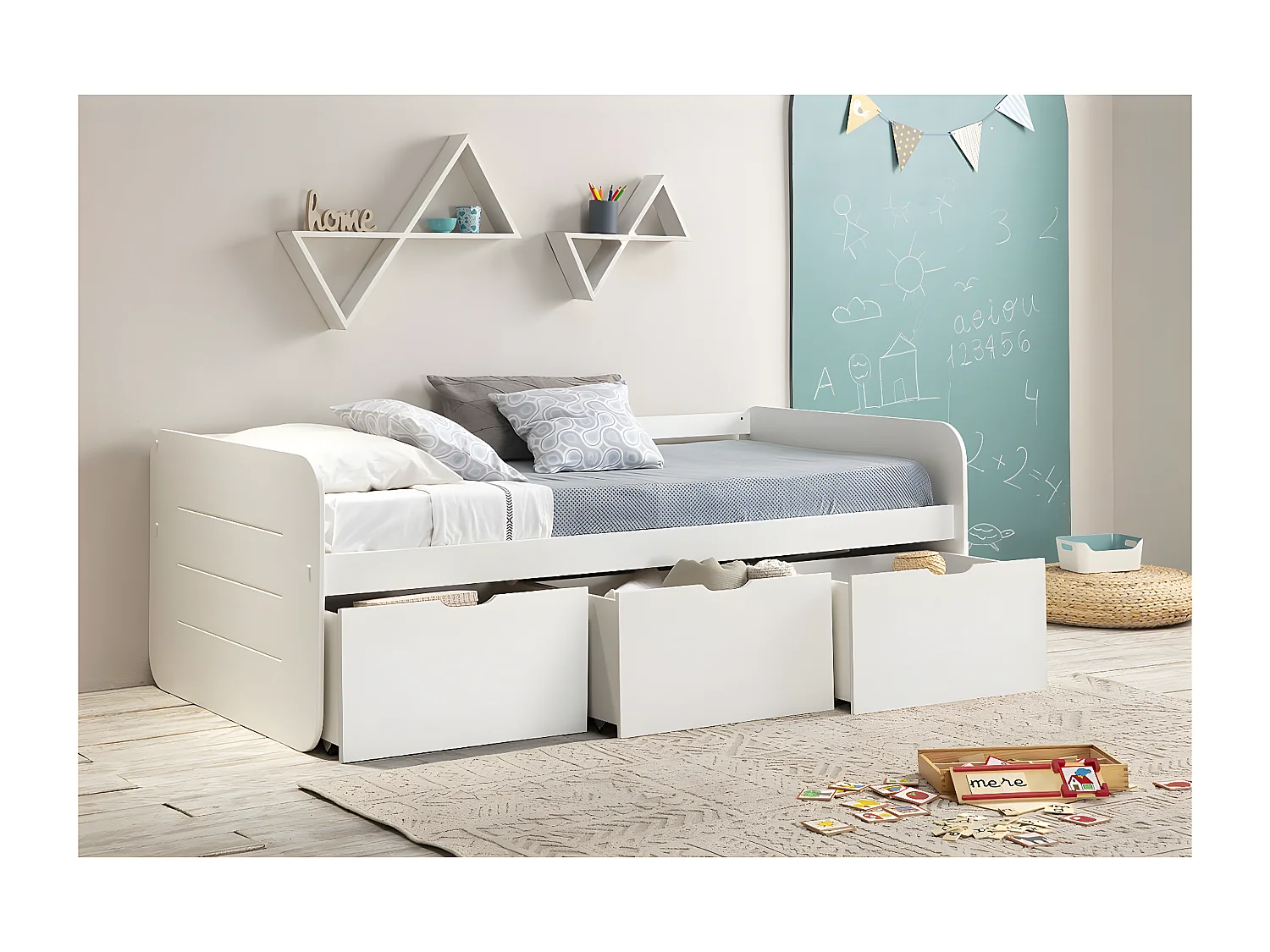 ZELLA - Lit 90x190cm + 3 Tiroirs Coloris Blanc