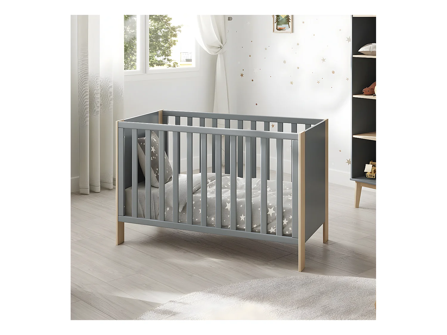 KAINA - Lit Bébé 60x120cm MDF et Pin Coloris Gris Vert et Naturel