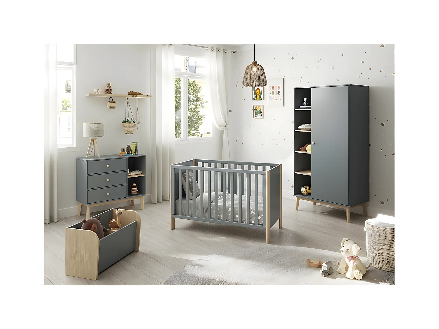 KAINA - Lit Bébé 60x120cm MDF et Pin Coloris Gris Vert et Naturel