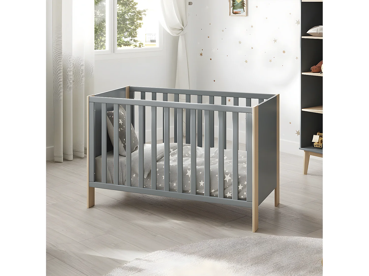 KAINA - Lit Bébé 60x120cm MDF et Pin Coloris Gris Vert et Naturel