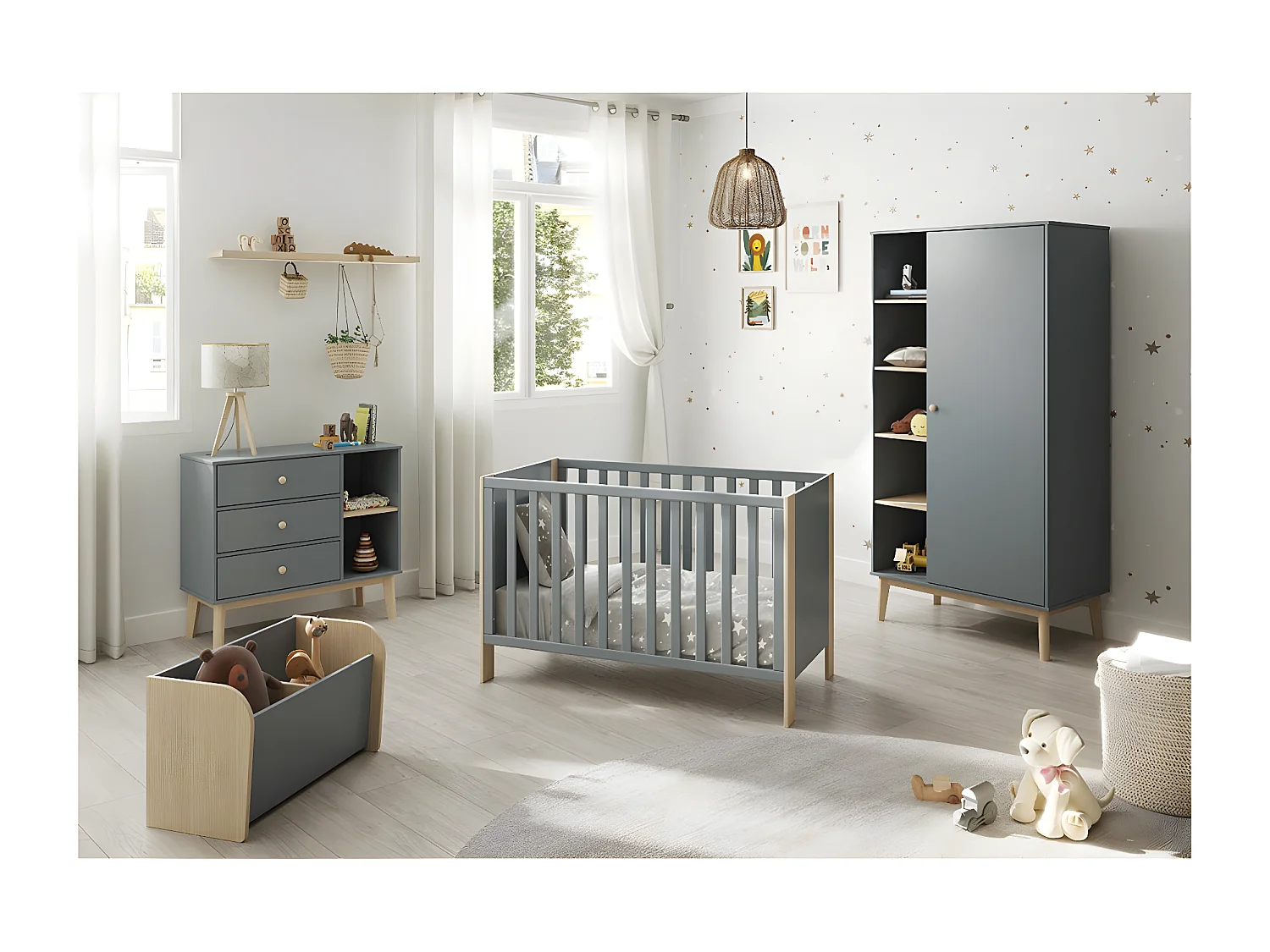 KAINA - Lit Bébé 60x120cm MDF et Pin Coloris Gris Vert et Naturel