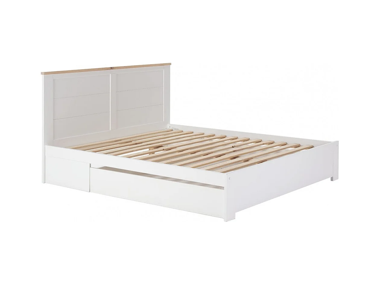 CELAN - Lit 160x200cm avec Tiroir MDF et Pin Coloris Blanc et Naturel