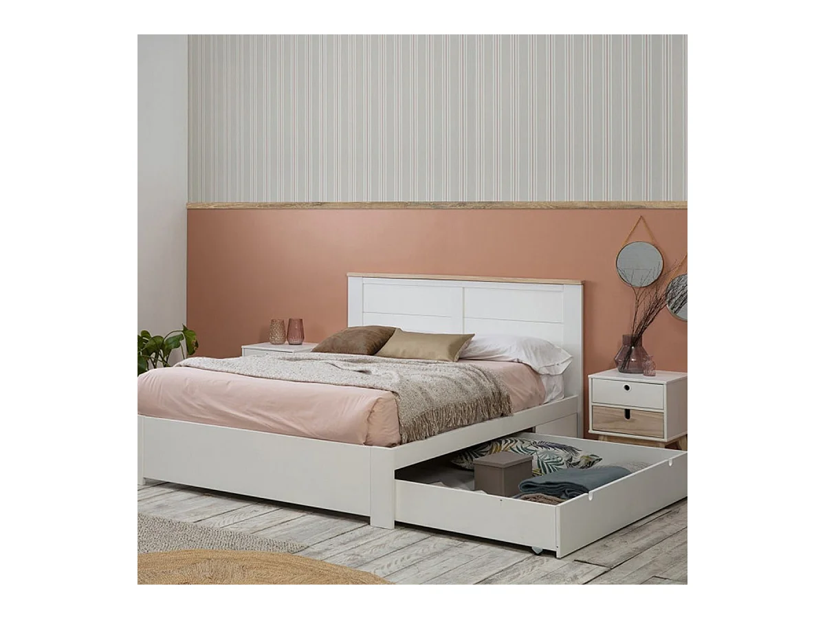 CELAN - Lit 160x200cm avec Tiroir MDF et Pin Coloris Blanc et Naturel