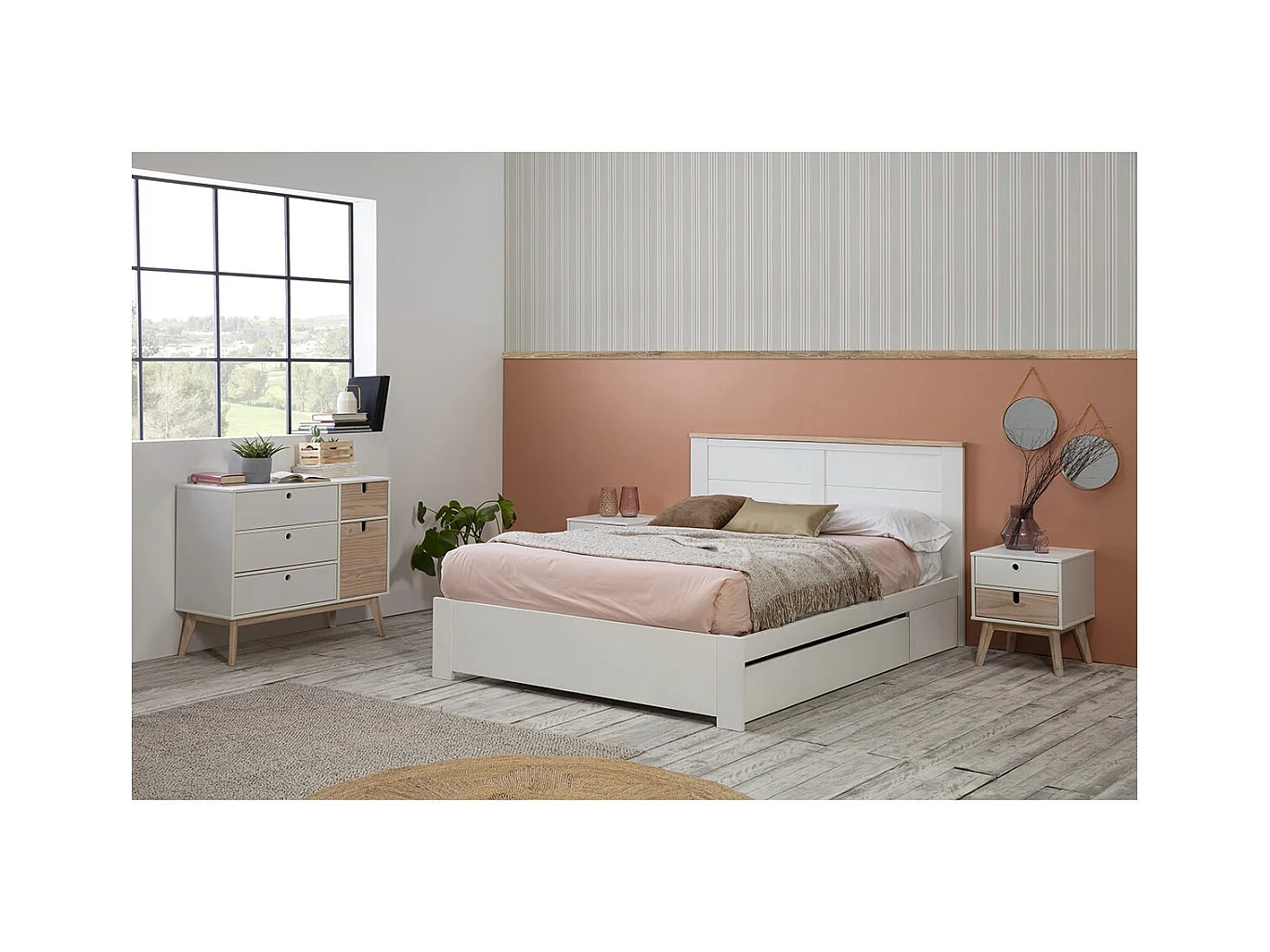 CELAN - Lit 160x200cm avec Tiroir MDF et Pin Coloris Blanc et Naturel